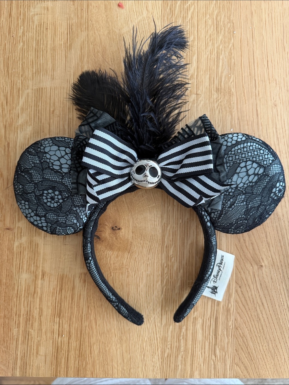 Disney Black Lace Jack Skellington Minnie Ears Headband with Striped Bow